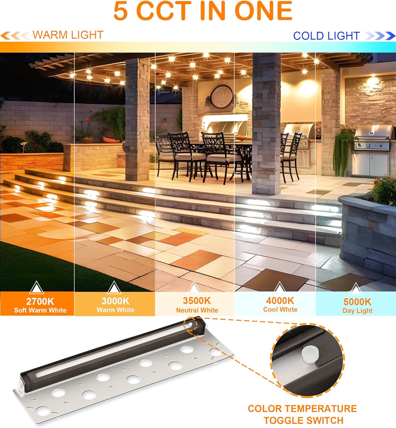 Low Voltage Hardscape Paver Light, 12V, 5CCT, 12 Inch 7W, 8 PCs