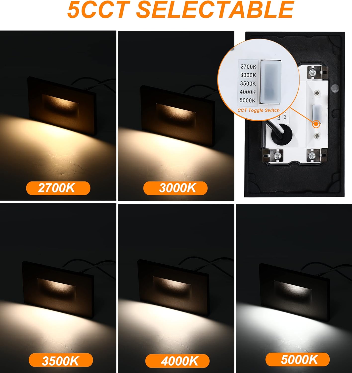 LED Step/Stair Light, 120V 3W 5CCT, Dimmable, Black, 12 PCs