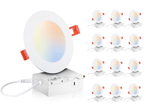 Ultra-Thin LED Recessed Light with Junction Box, 4 Inch, 5CCT, 120V 10W, White, 12 PCs