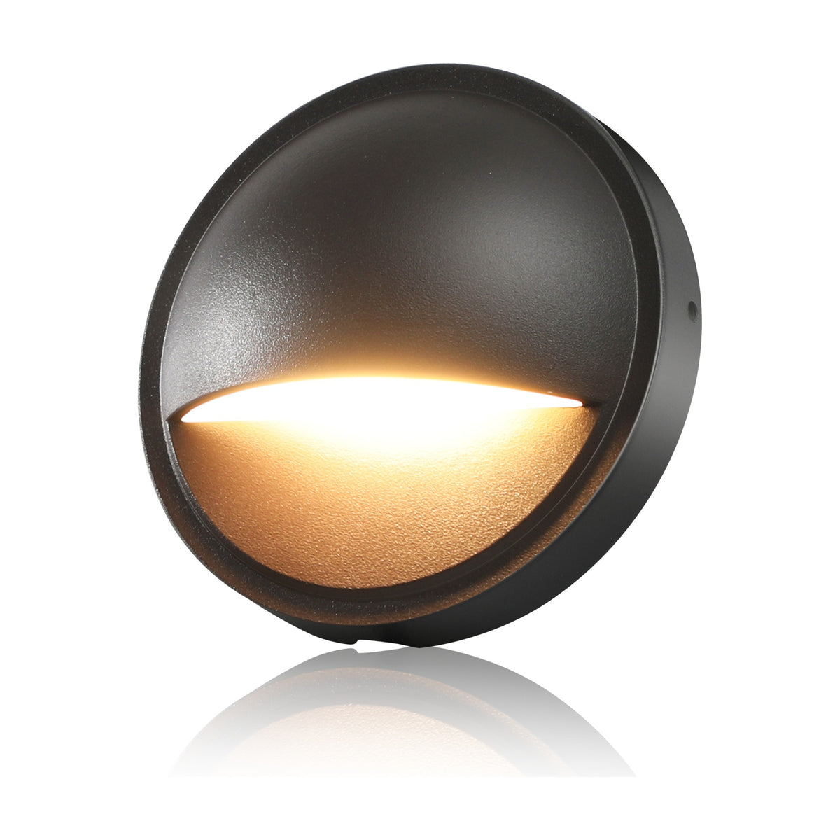 Cloudy Bay 3CCT low voltage deck light, round oil-rubbed bronze fixture with warm half-moon lens on white background
