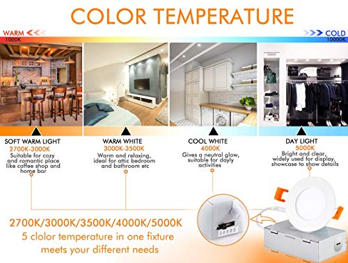 Ultra-Thin LED Recessed Light with Junction Box, 3 Inch, 5CCT, 120V 8W, White, 6 PCs