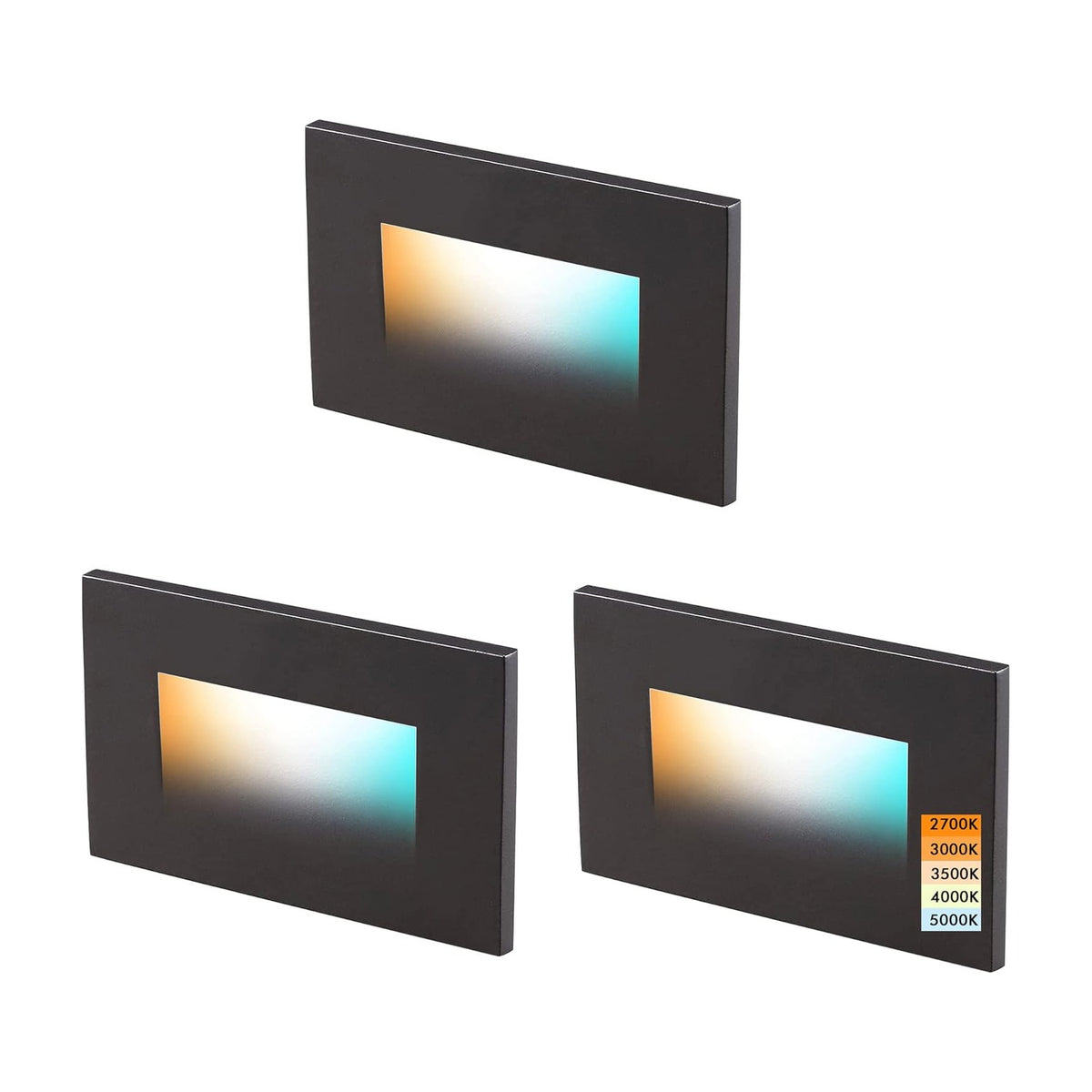 Cloudy Bay Three black rectangular LED step lights on white background