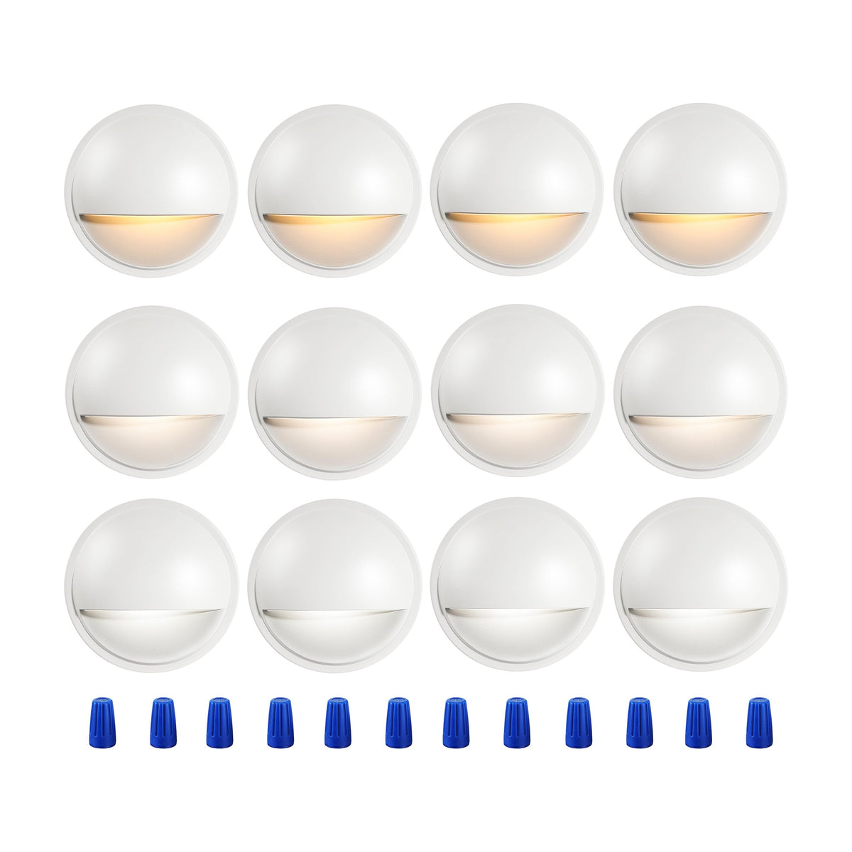 Cloudy Bay 3CCT LED deck lights, twelve round white fixtures with half-moon shields glowing on white background