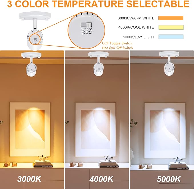 CLOUDY BAY LED Flush Mount Ceiling Spot Light,CRI90+ 9W 3000K 4000K 5000K Selectable Dimmable,Adjustable Tilt Angle Ceiling Track Light Head,White