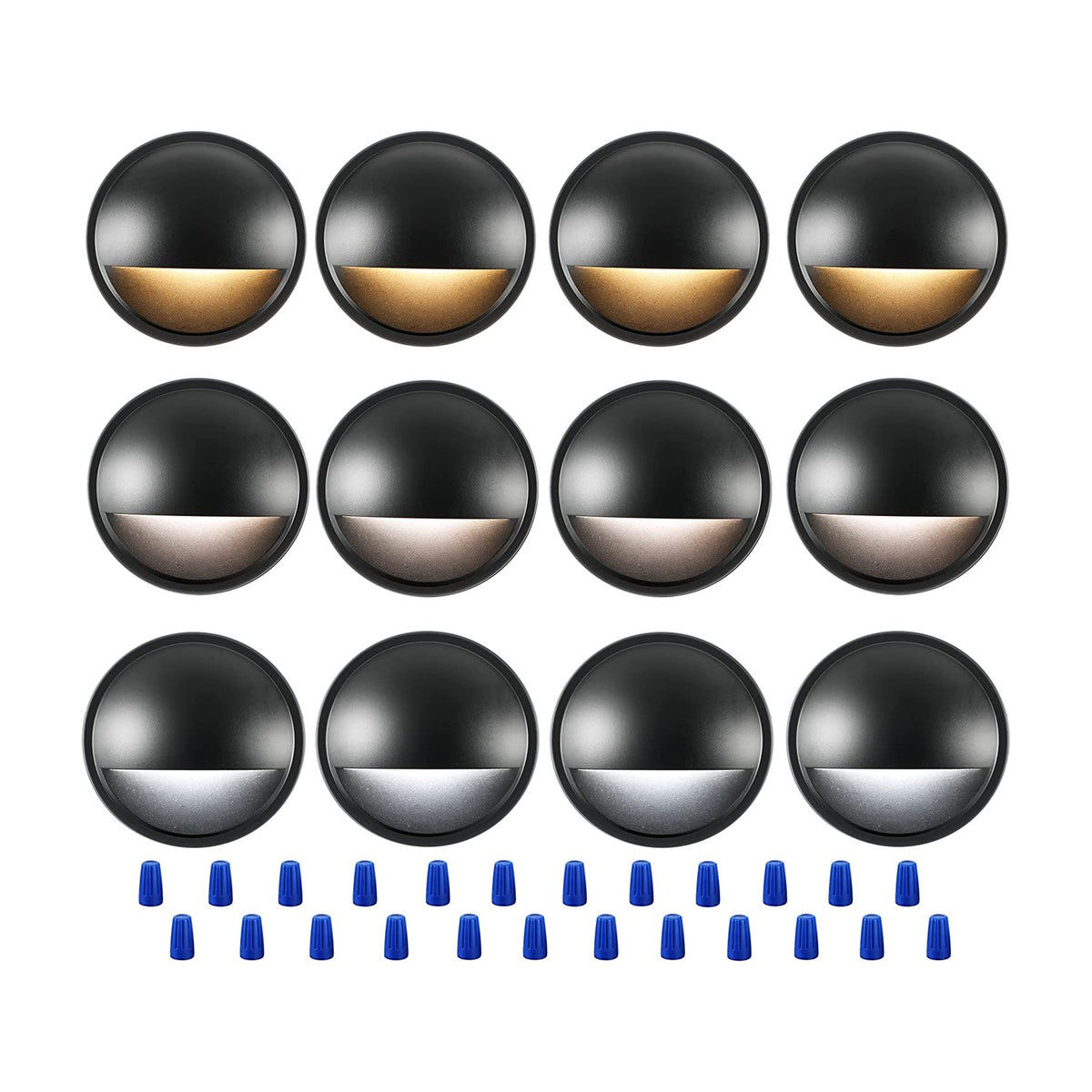 Cloudy Bay 3CCT LED deck lights, twelve round black fixtures glowing warm, soft and crisp white on white background