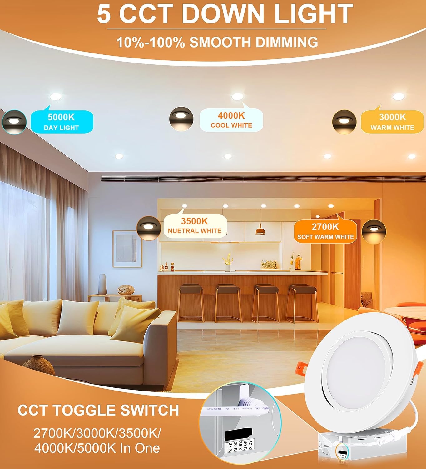 6 inch Swivel LED Gimbal Recessed Light with Night Light,120V CRI90+,5CCT, White Finish, 4 PCs
