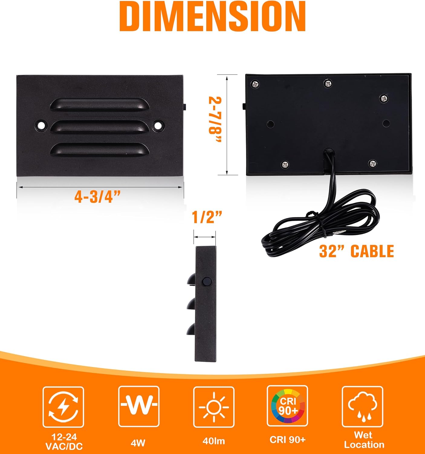 Low Voltage LED Step Light with Horizontal Louvered Faceplate, 5CCT 12V 4W, Black, 6 PCs