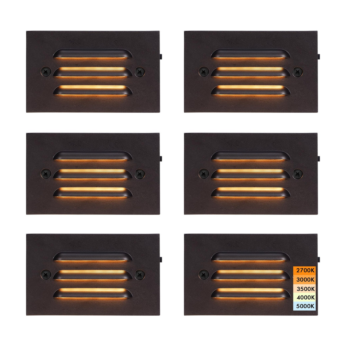 Cloudy Bay Six oil rubbed bronze step lights in a 2x3 grid, illuminated, with 2700K to 5000K color temperature swatch, 6-pack