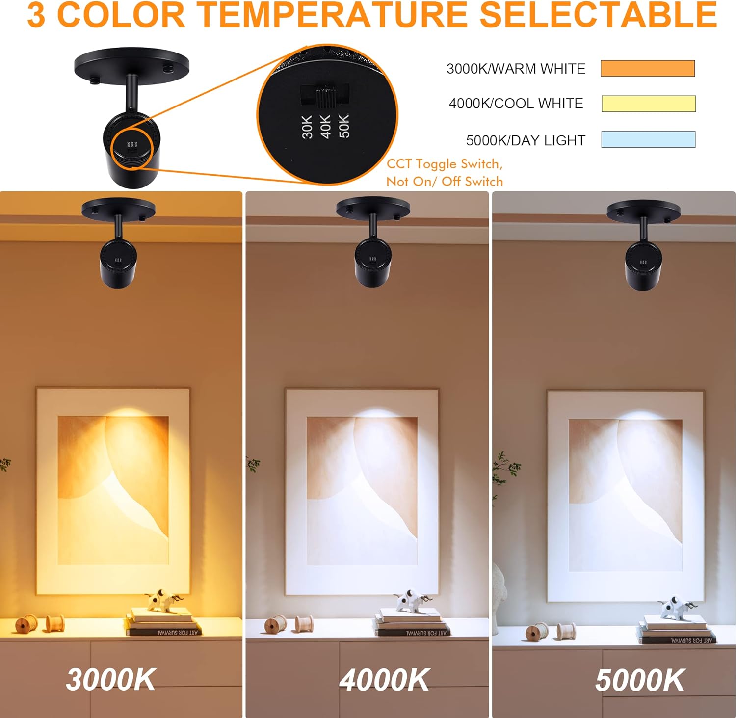 CLOUDY BAY LED Flush Mount Ceiling Spot Light,CRI90+ 9W 3000K 4000K 5000K Selectable Dimmable,Adjustable Tilt Angle Ceiling Track Light Head,Black