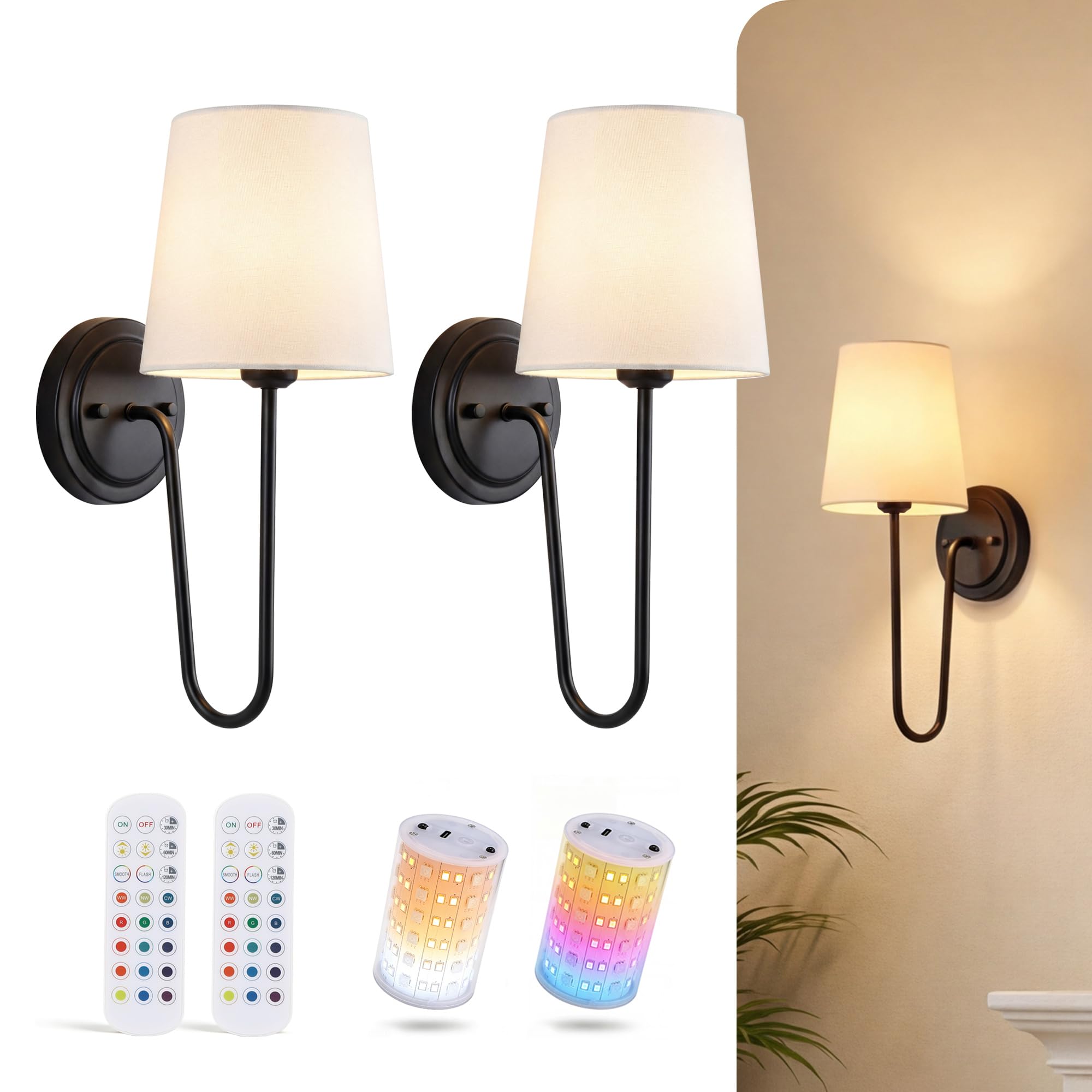 Cloudy Bay matte black battery operated wall sconces with cylinder linen shades and magnetic RGB bulbs, set of 2