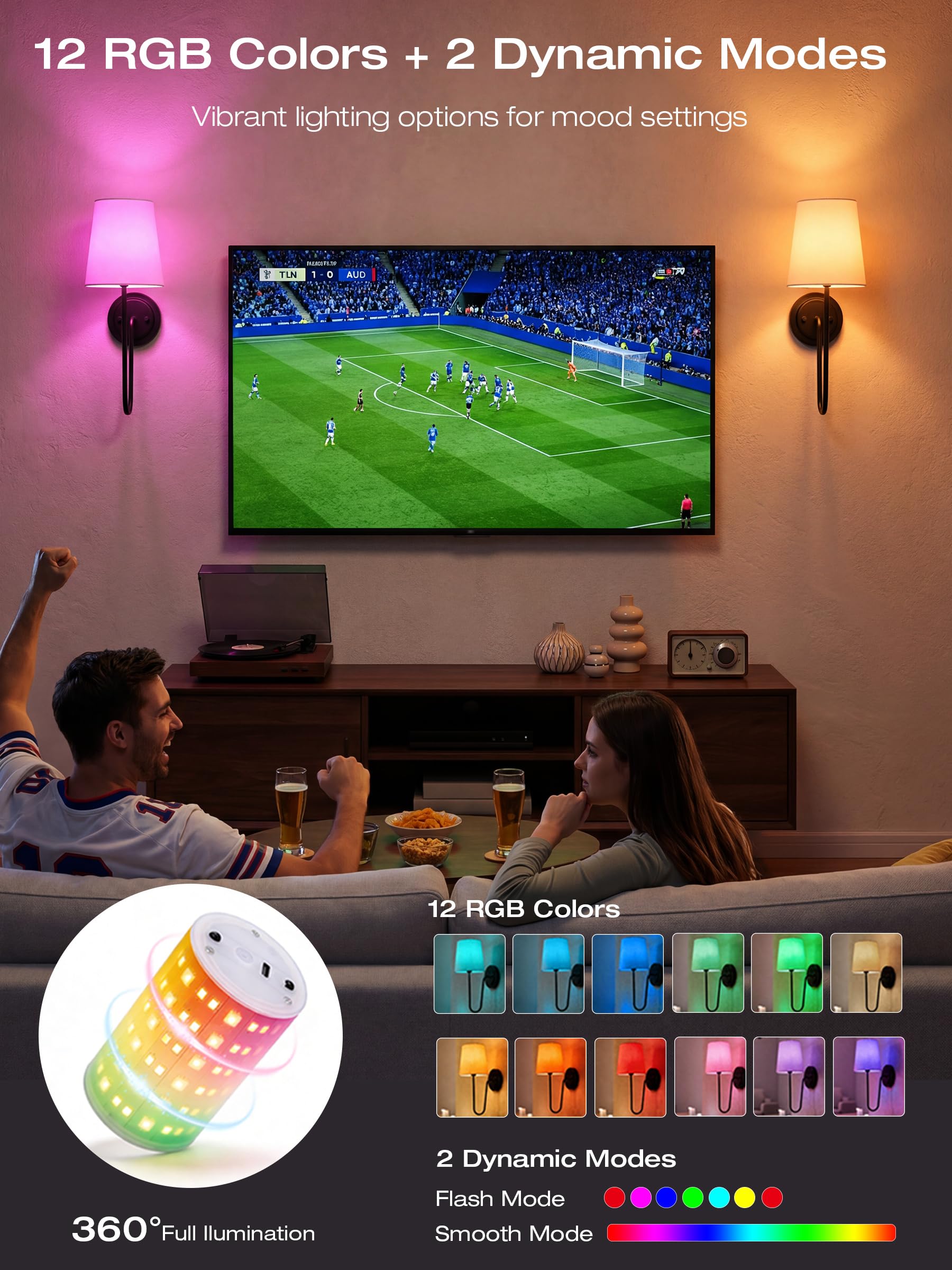 Matte black sconce by the sofa casting colorful glow through its linen shade, remote at hand