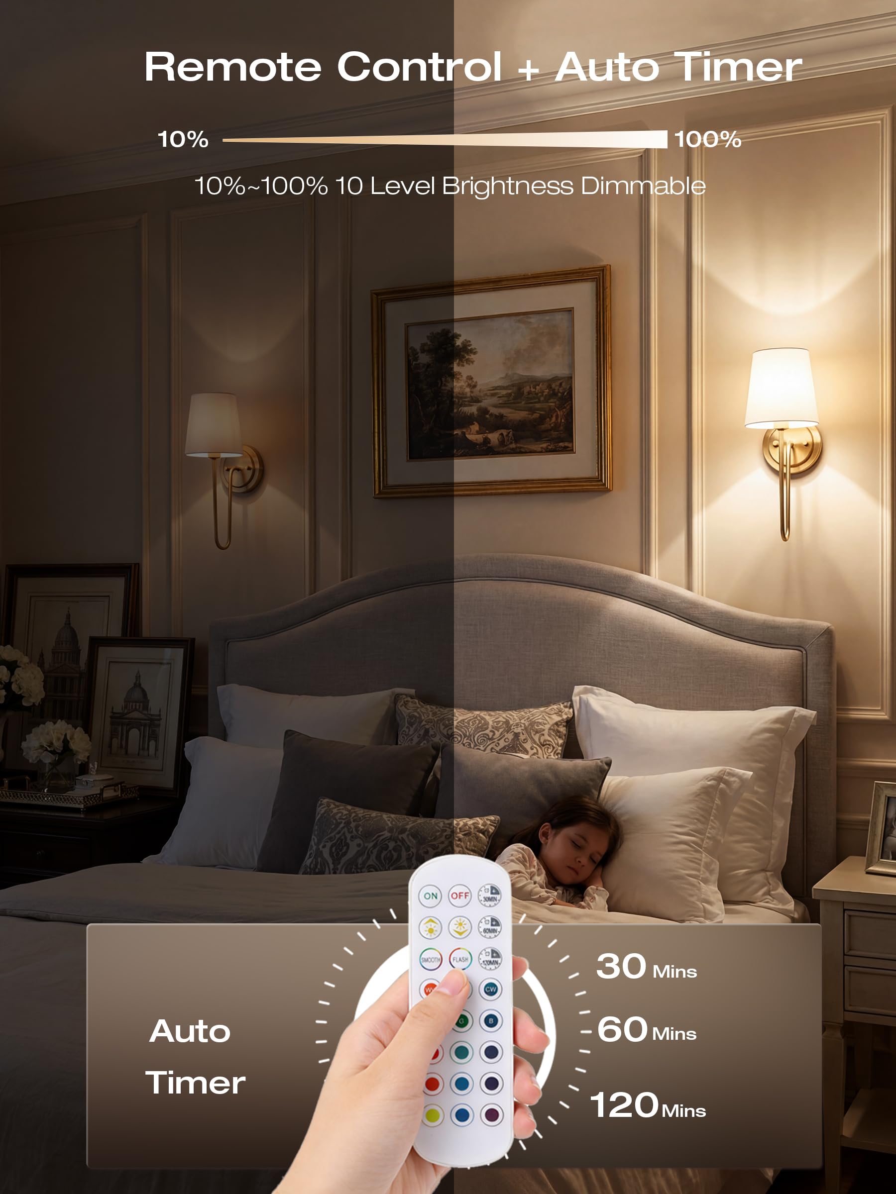 Bedside sconce glowing RGB color through the linen shade, remote on the nightstand