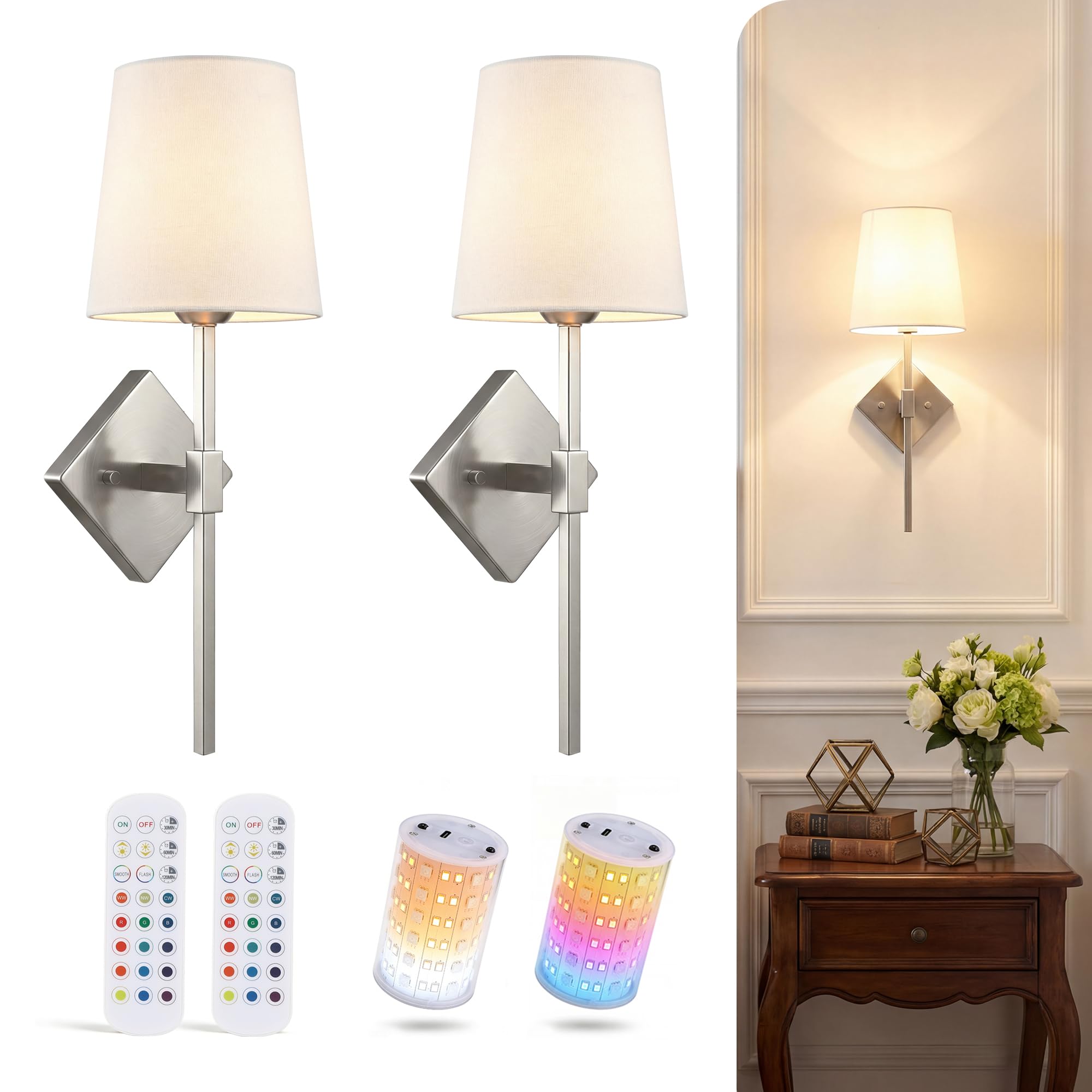 Cloudy Bay brushed nickel battery operated wall sconces with tall cylinder linen shades and magnetic RGB bulbs, set of 2
