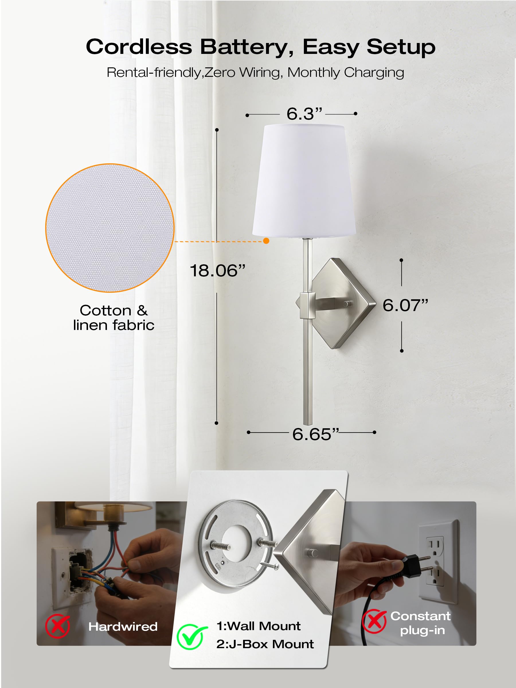 Bedside sconce glowing RGB color through the linen shade, remote on the nightstand
