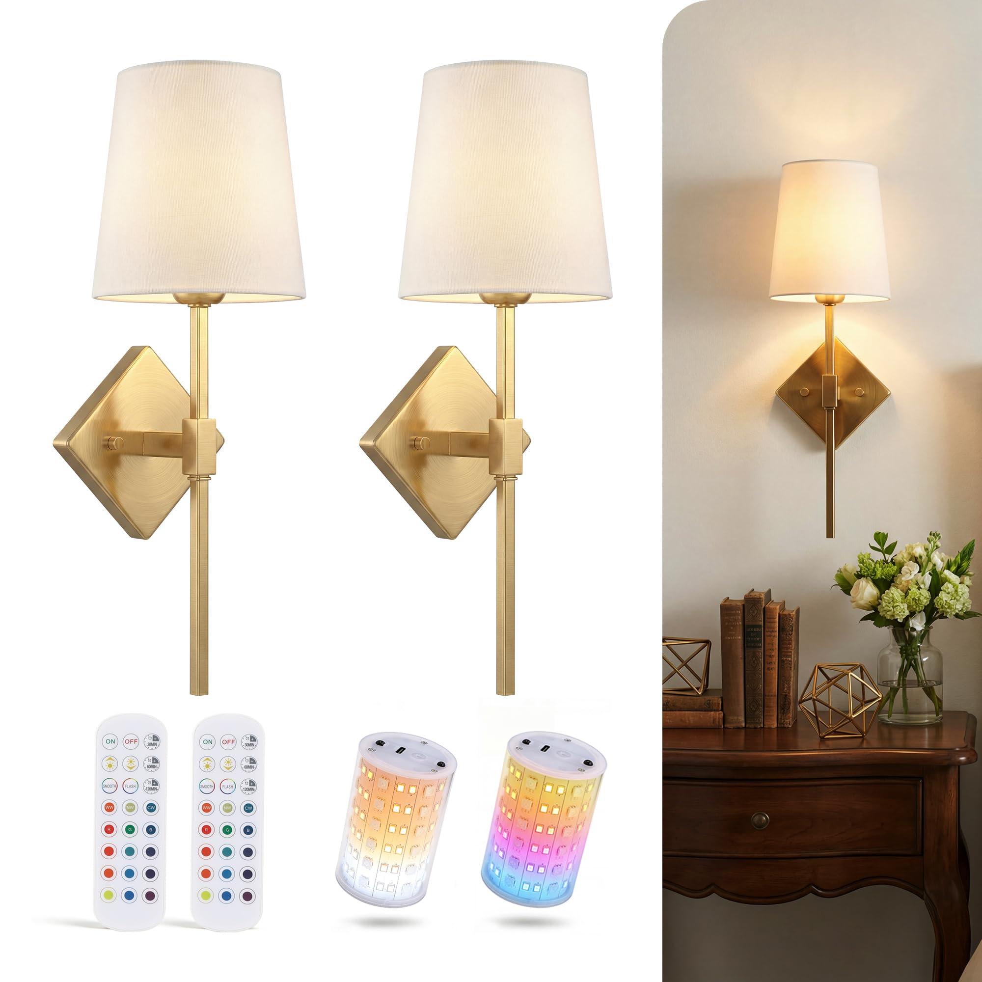 Cloudy Bay soft gold battery operated wall sconces with tall cylinder linen shades and magnetic RGB bulbs, set of 2