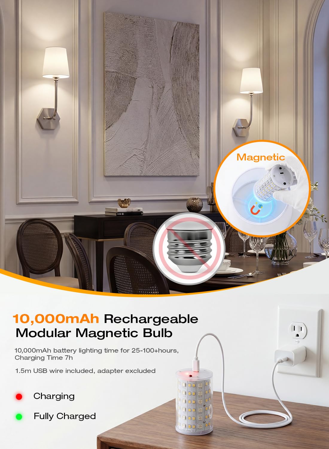 Magnetic bulb detaches for USB-C charging — no wiring, no wall damage