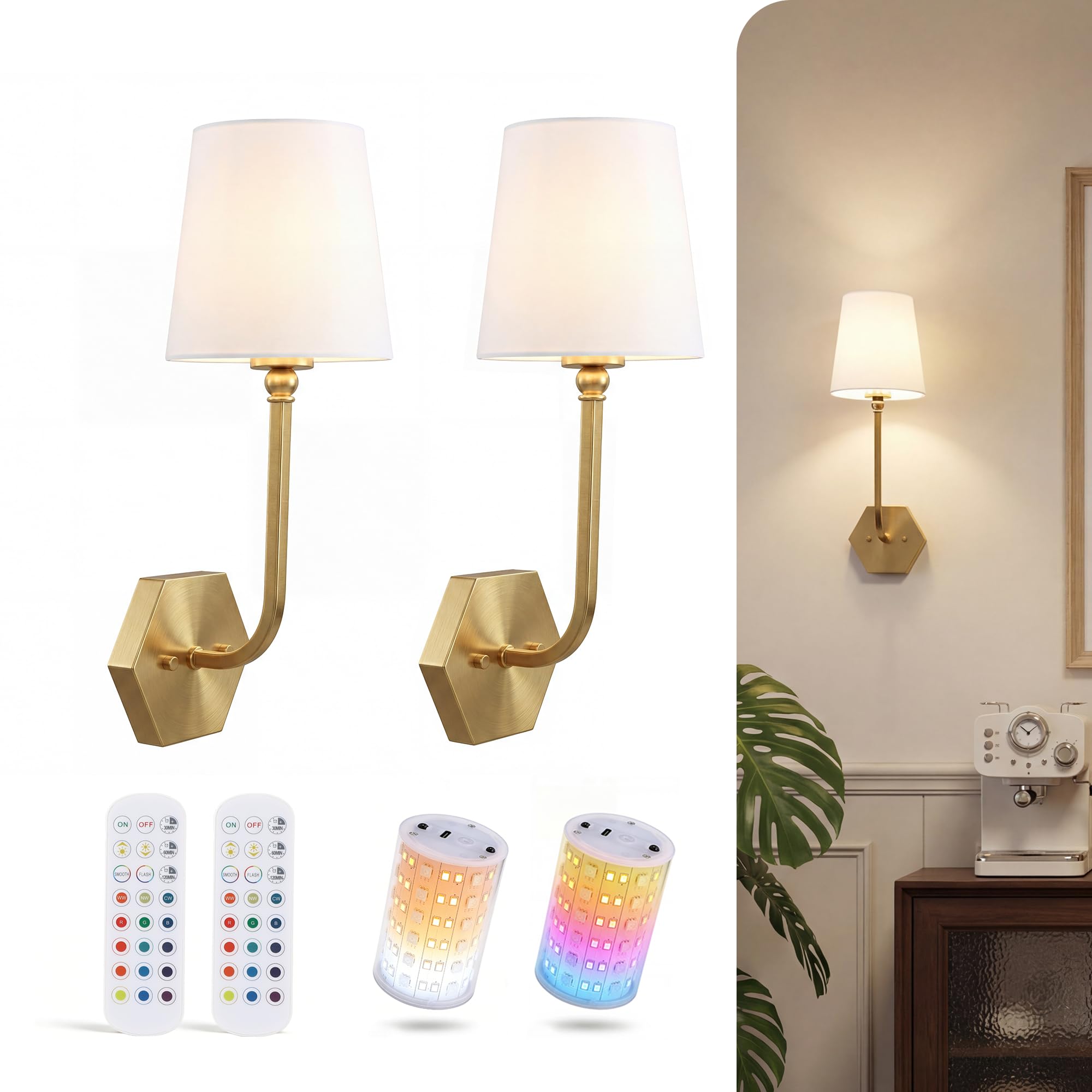 Cloudy Bay soft gold battery operated wall sconces with tapered linen shades and magnetic RGB bulbs, set of 2