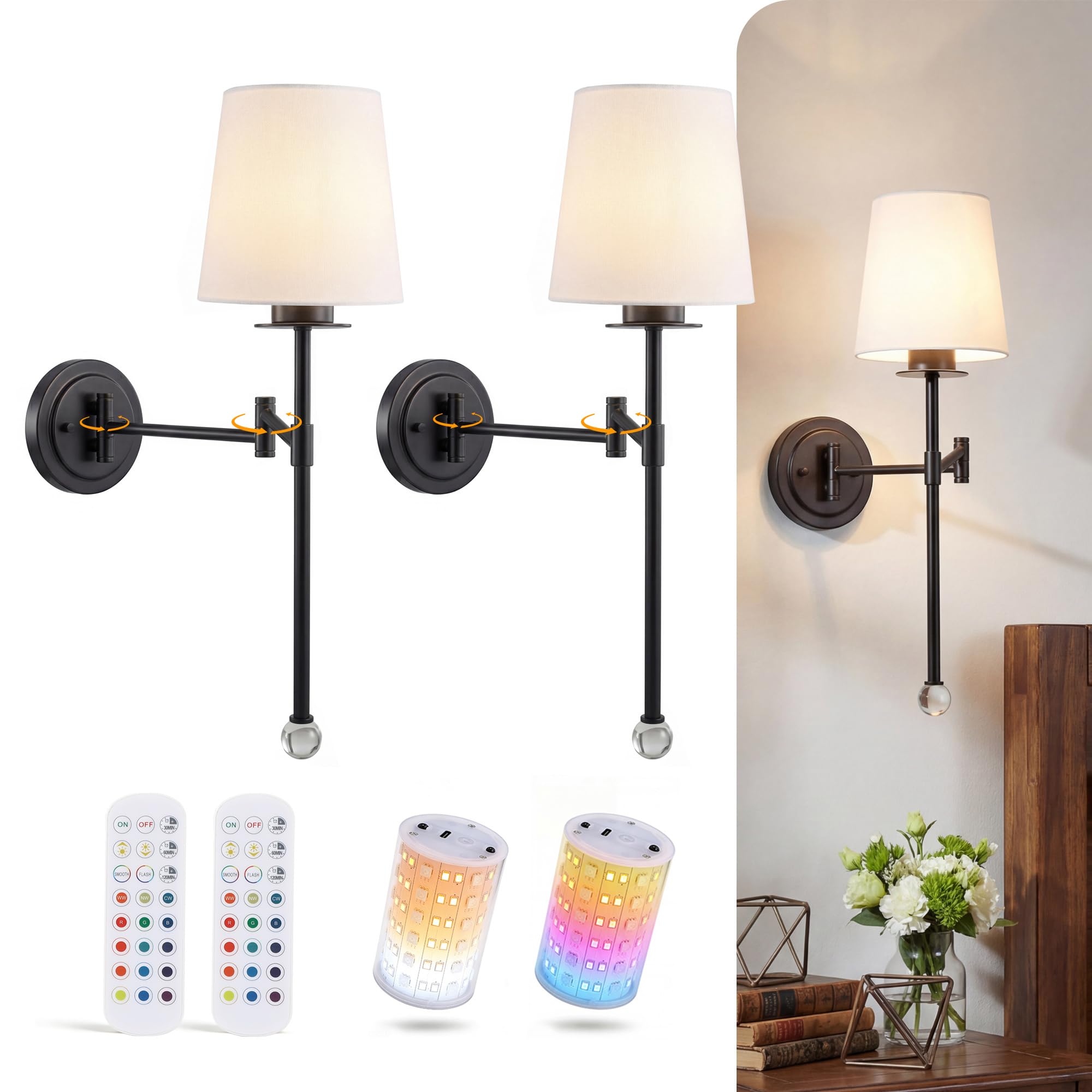 Cloudy Bay matte black swing-arm sconces with linen shades and magnetic RGB bulbs, set of 2