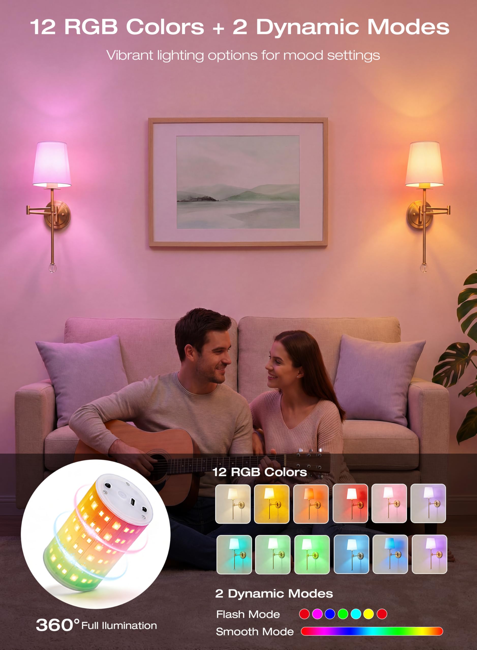 Hand holding the remote dims a battery-operated wall sconce in a bedroom, showing 10 brightness levels and timer