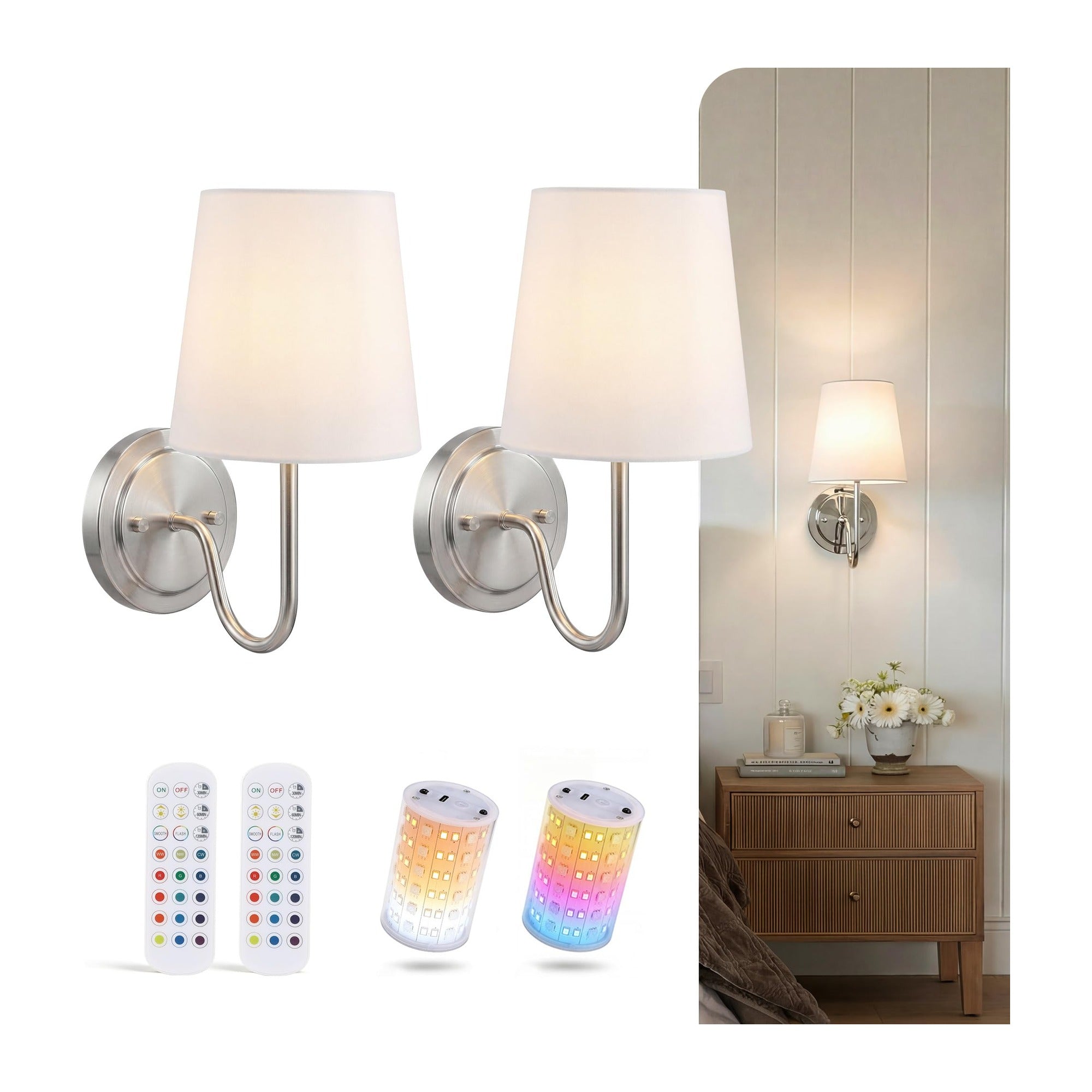 Cloudy Bay battery operated wall sconces with linen shades and magnetic RGB bulbs, brushed nickel finish, set of 2