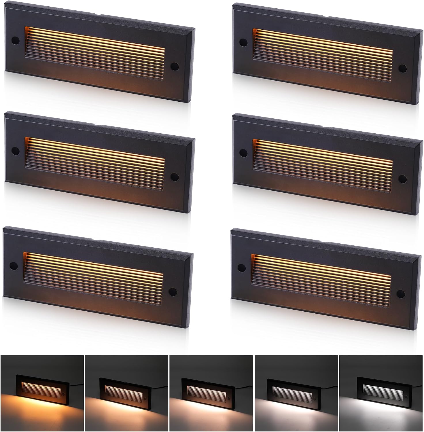 6-Pack 5CCT Low Voltage LED Landscape Stair Lights, Dual Brightness Outdoor Step Lights for Deck Patio Garden Pathway, 2700K/3000K/4000K/5000K/6500K Selectable, 12V-24V AC/DC Hardscape Lighting