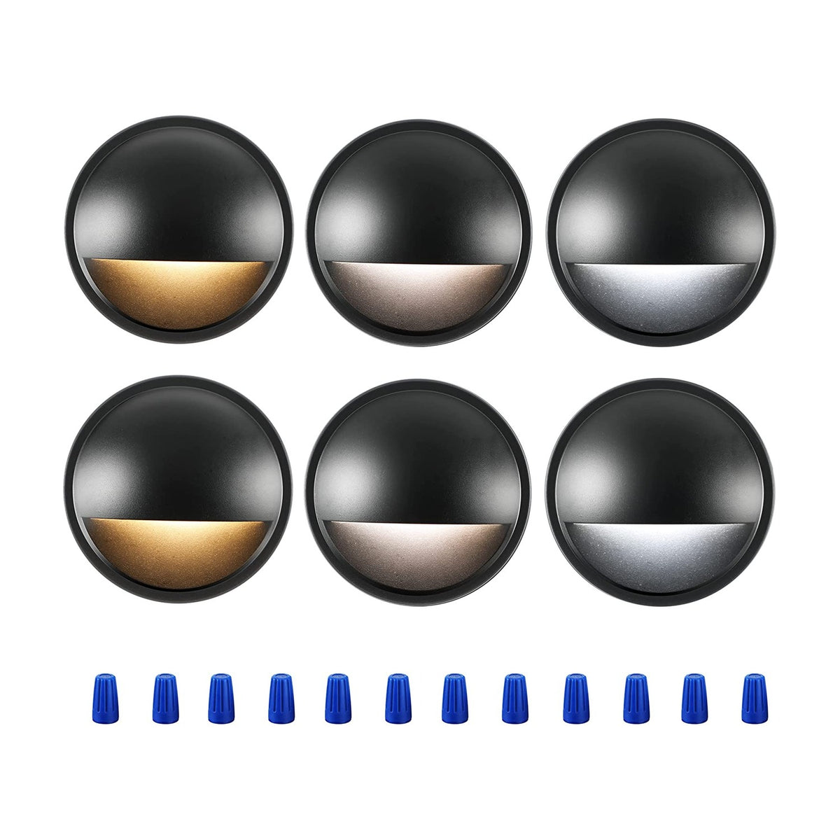 Cloudy Bay 3CCT LED deck lights, six round black fixtures with half-moon shields glowing warm white on white background