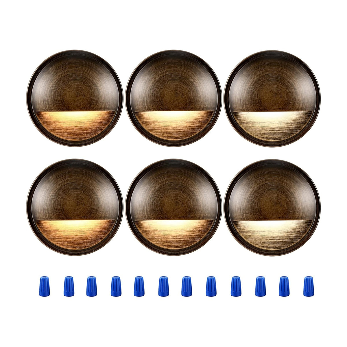 Six round bronze 3CCT deck lights with half-moon shields arranged in a 3x2 grid on white background