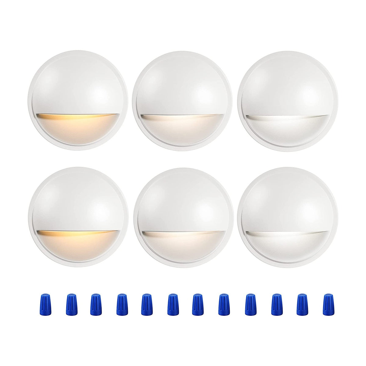 Cloudy Bay 3CCT LED deck lights, six round white fixtures with half-moon shields glowing on white background