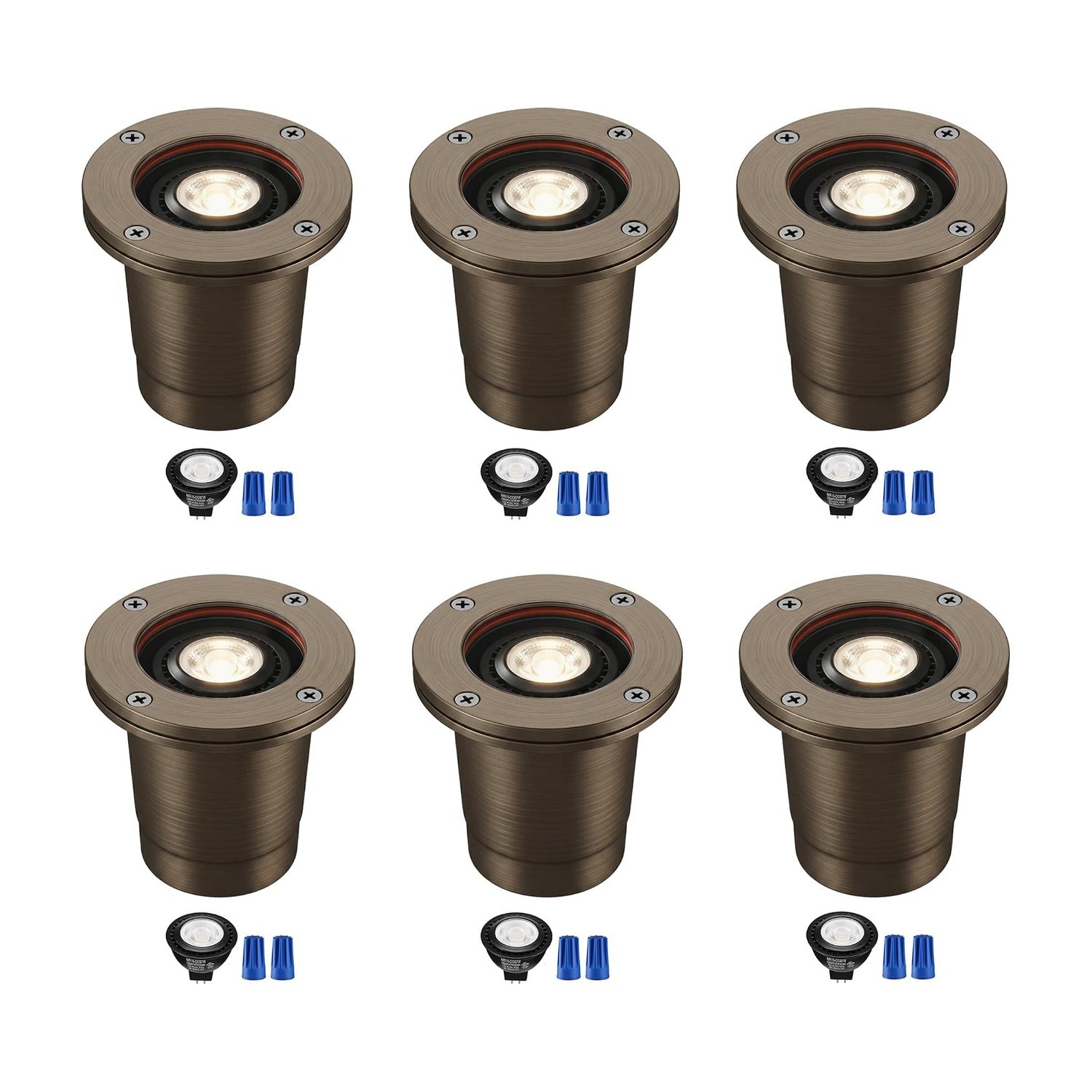 Six antique brass well lights, each with MR16 LED bulb and blue wire nuts, on a white background.
