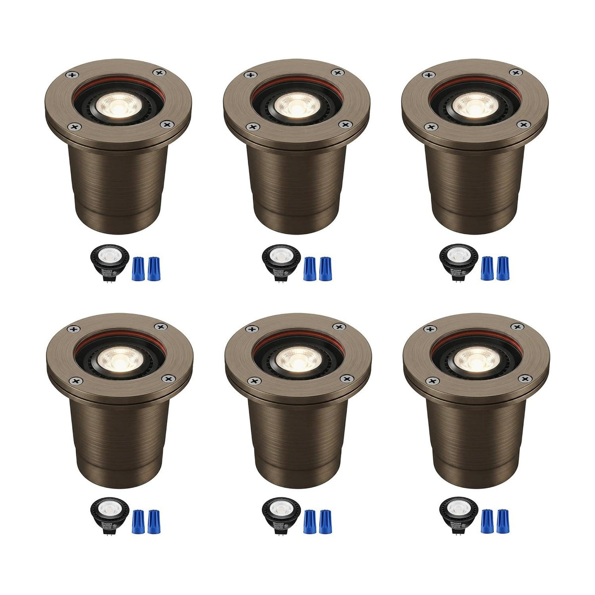 Six antique brass well lights, each with MR16 LED bulb and two wire nuts, on white background