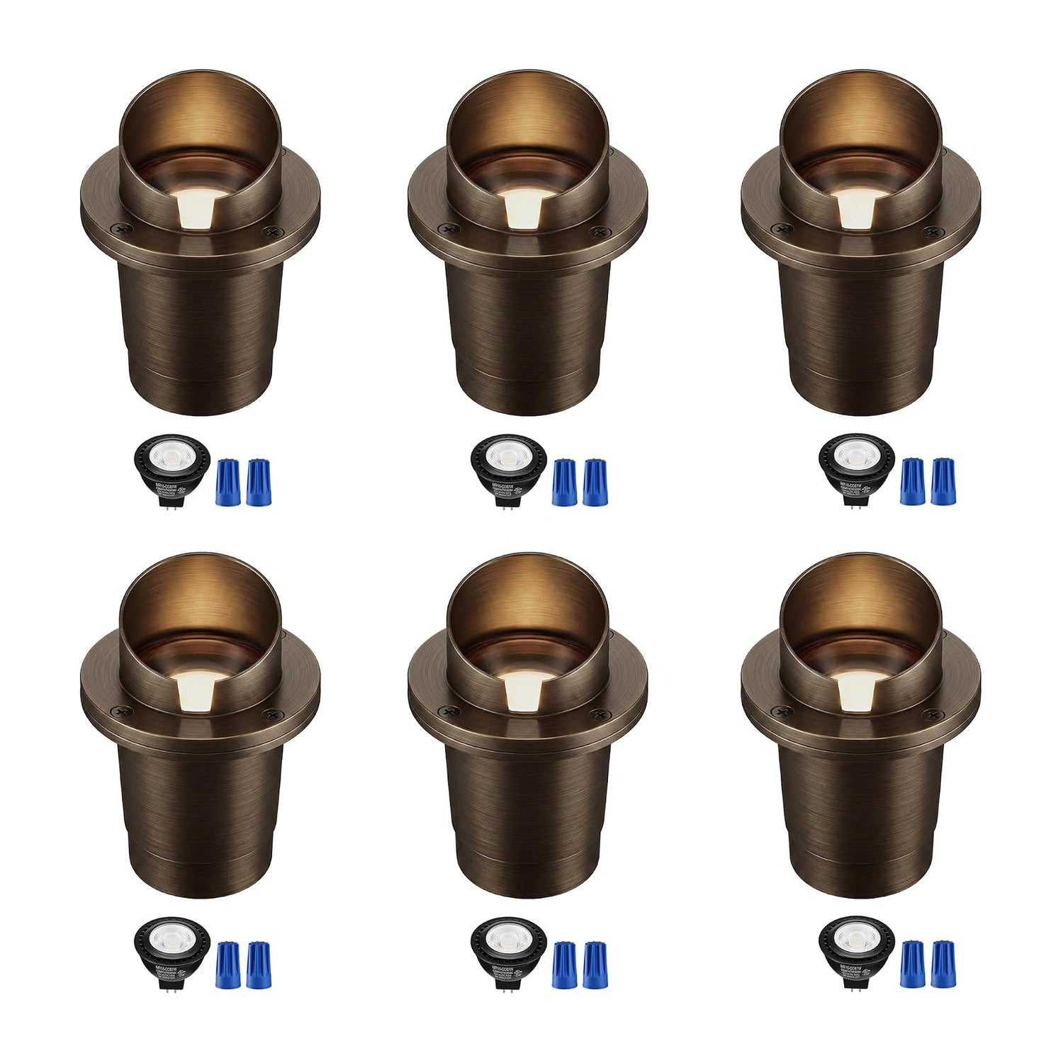 Six antique brass shielded-top well lights, each with MR16 LED bulb and blue wire nuts, on white background.