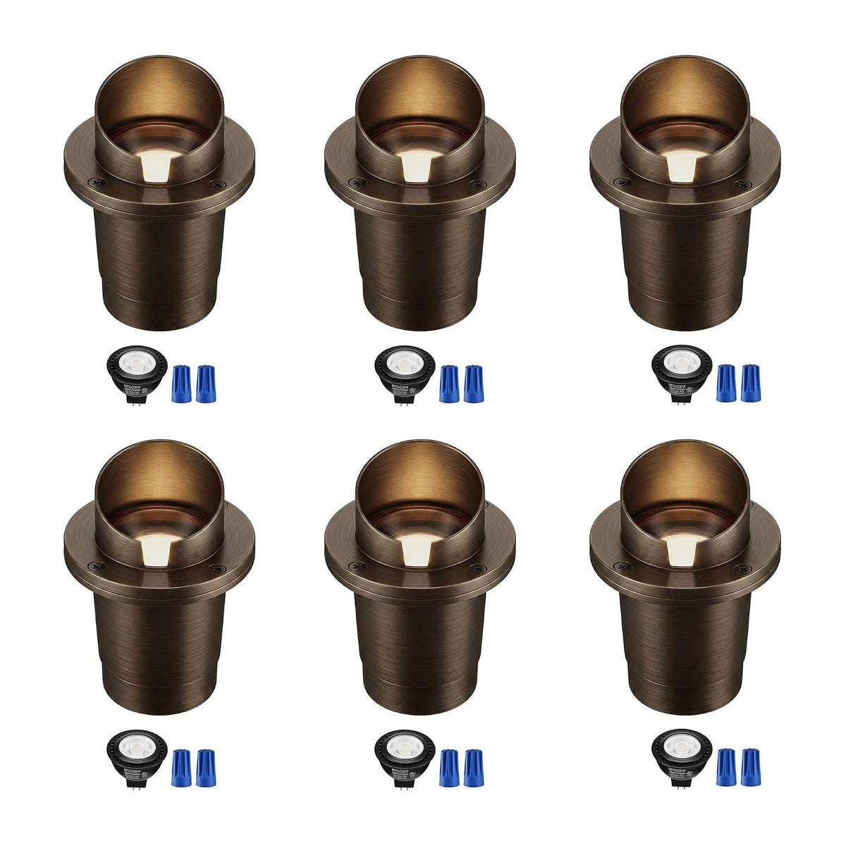 Six antique brass shielded-top well lights, each with MR16 LED bulb, on white background