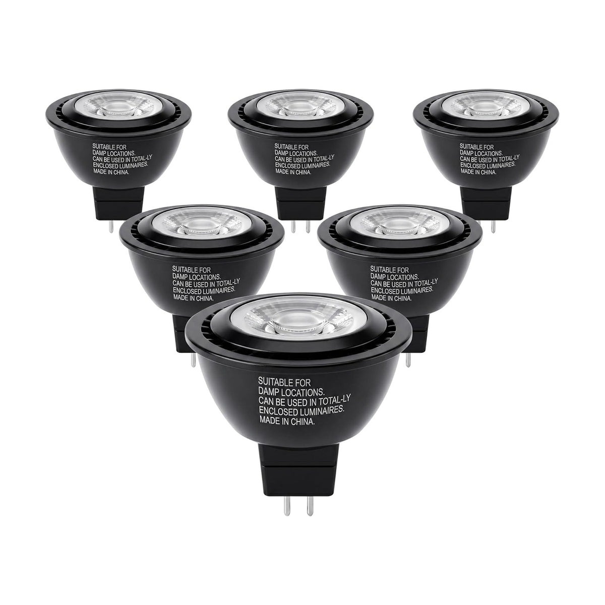 Cloudy Bay 6-pack of black MR16 LED bulbs with GU5.3 bi-pin bases stacked in a pyramid on white