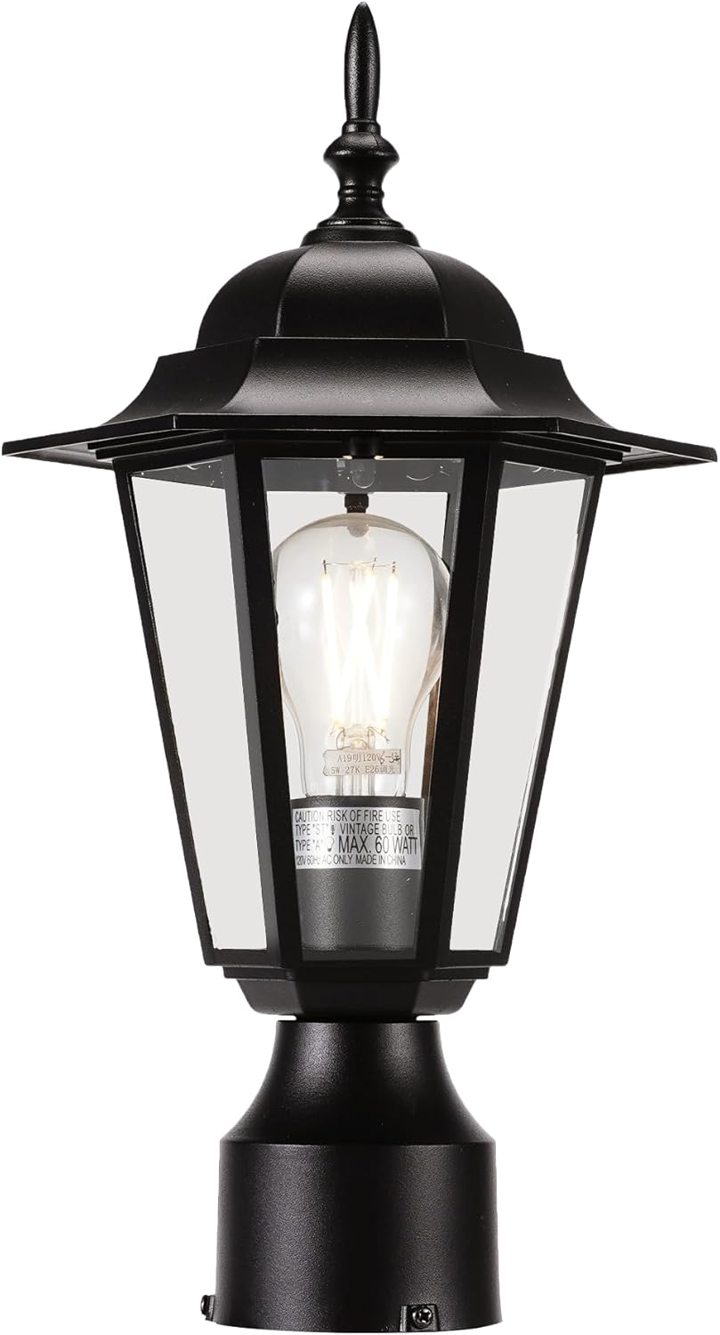 Outdoor Post Light, Pole Lantern, Hardwired, Pier Mount Pole Mount, 60W Max,Aluminum Housing Plus Glass,Black