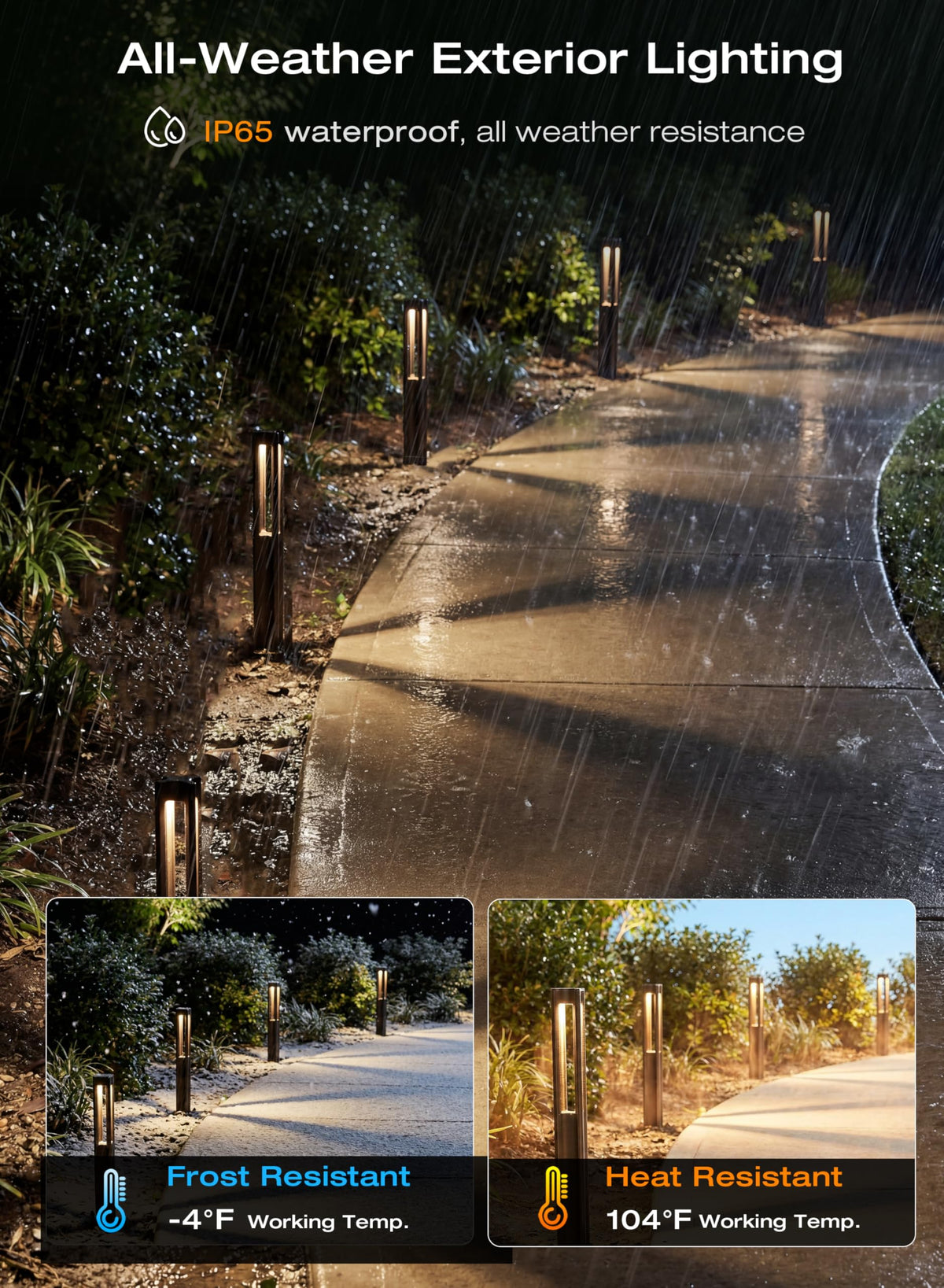 Path lights lining a walkway or driveway, warm guidance at night