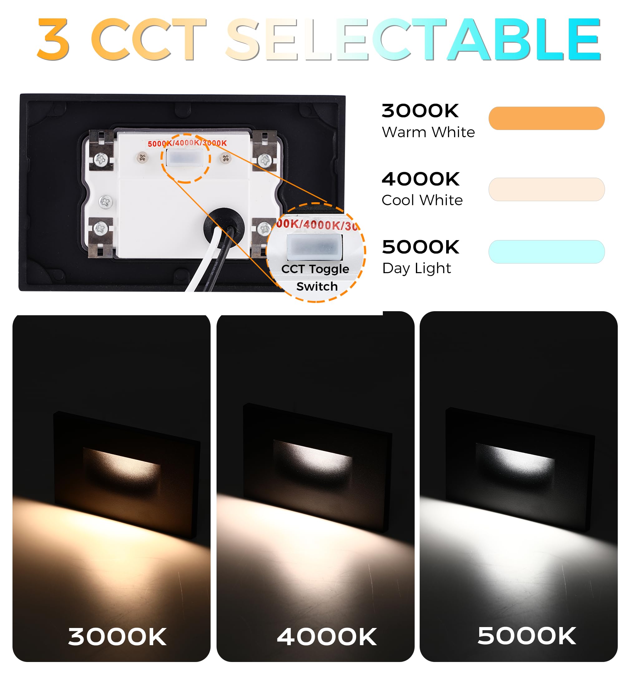 3CCT selector switch closeup with three color temperature glow examples