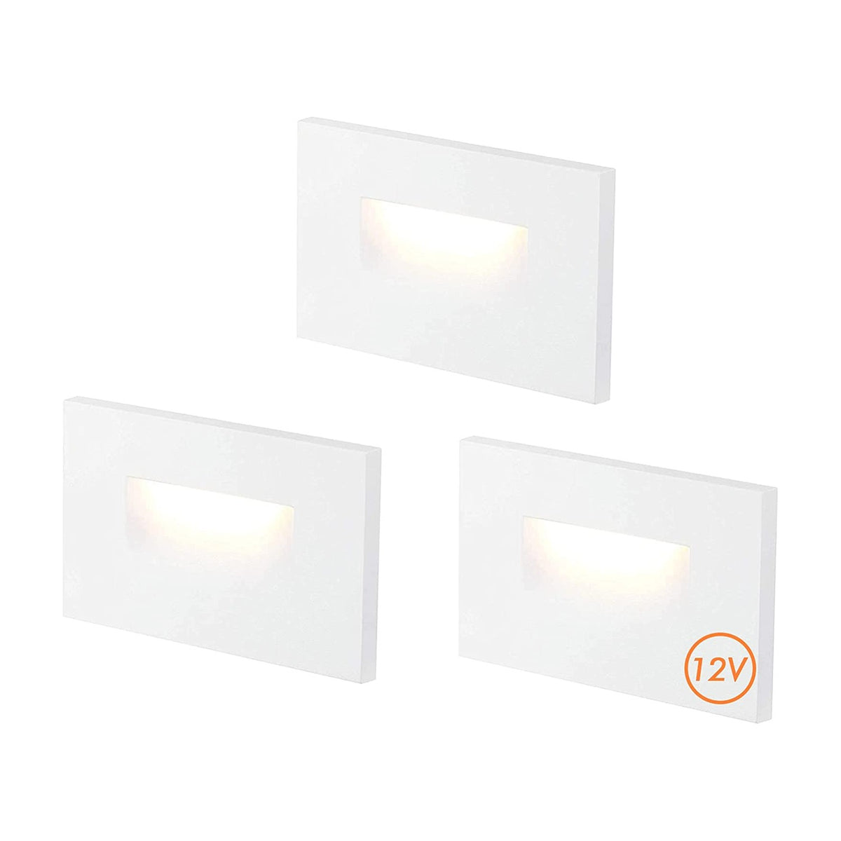 Cloudy Bay Three white rectangular recessed LED step lights with warm white glow, product shot on white background