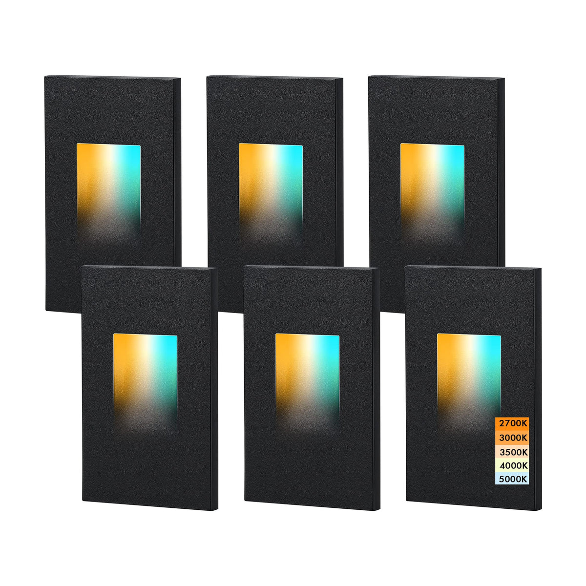 Cloudy Bay Six matte black step lights in a 2x3 grid, low-profile louvered faceplates, 6-pack on white background