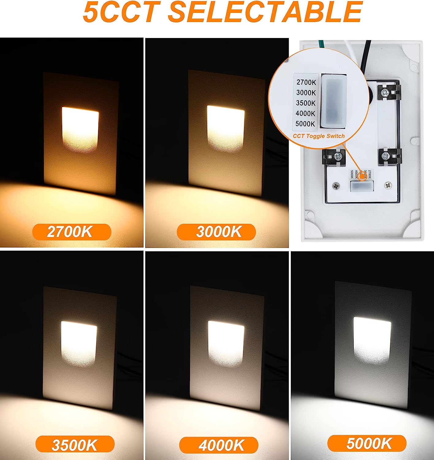 LED Step/Stair Light, V-Mount, 120 3W, 100lm, 5 CCT, White, 6 PCs