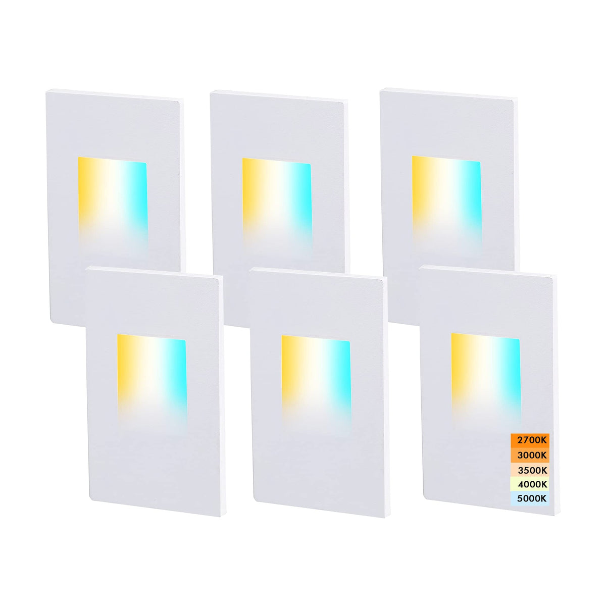 Cloudy Bay Six white step lights in two rows of three, low-profile rectangular faceplates, 6-pack on white background