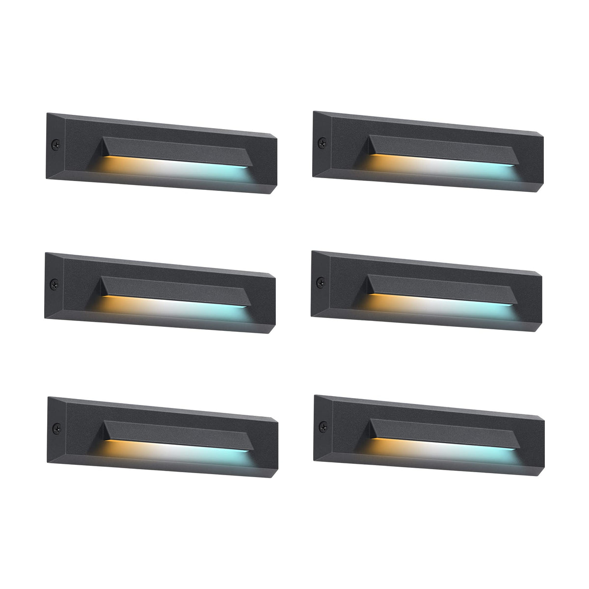 Cloudy Bay Six black step lights with louvered faceplates glowing warm amber, arranged in a 2x3 grid, 6-pack