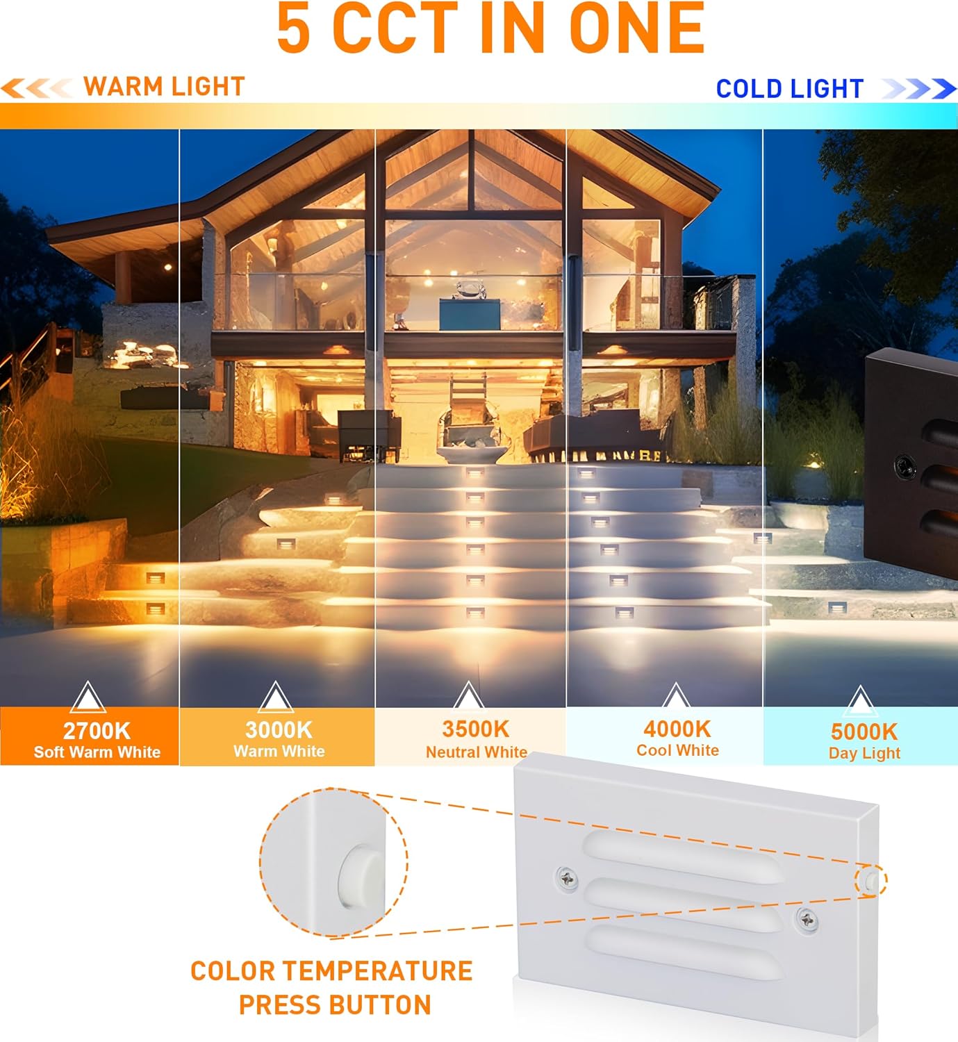Low Voltage LED Step Light with Horizontal Louvered Faceplate, 5CCT 12V 4W, White, 6 PCs