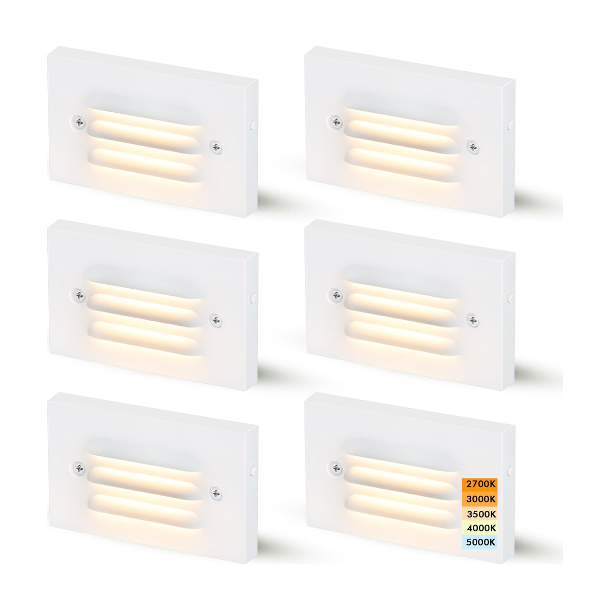 Cloudy Bay Three white step lights with louvered grilles glowing warm white, arranged in a triangular layout