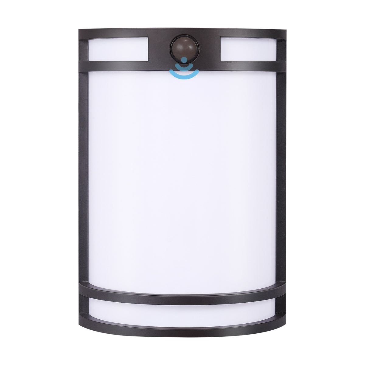 Oil rubbed bronze motion sensor wall sconce with curved frosted diffuser and sensor dome, white-background studio shot