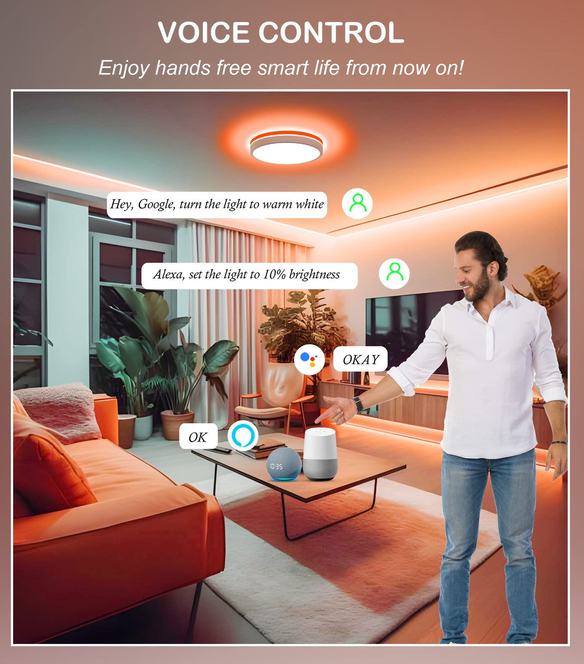 Family relaxing under warm glow of round smart flush mount ceiling light in living room
