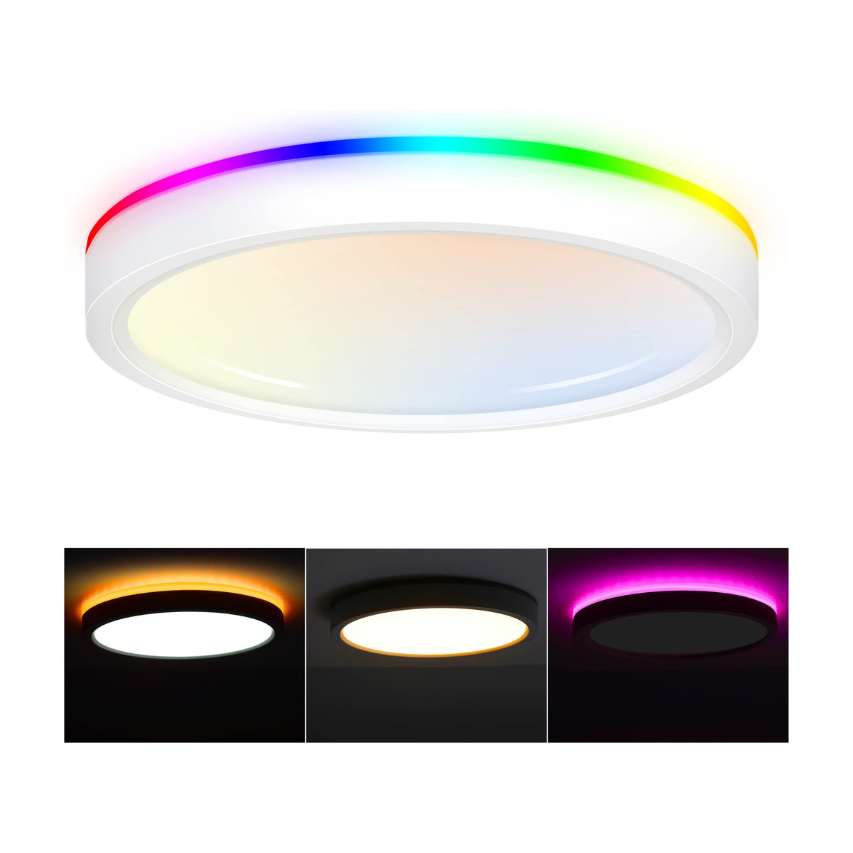Cloudy Bay white 8 inch smart flush mount LED ceiling light with silver trim ring, front view
