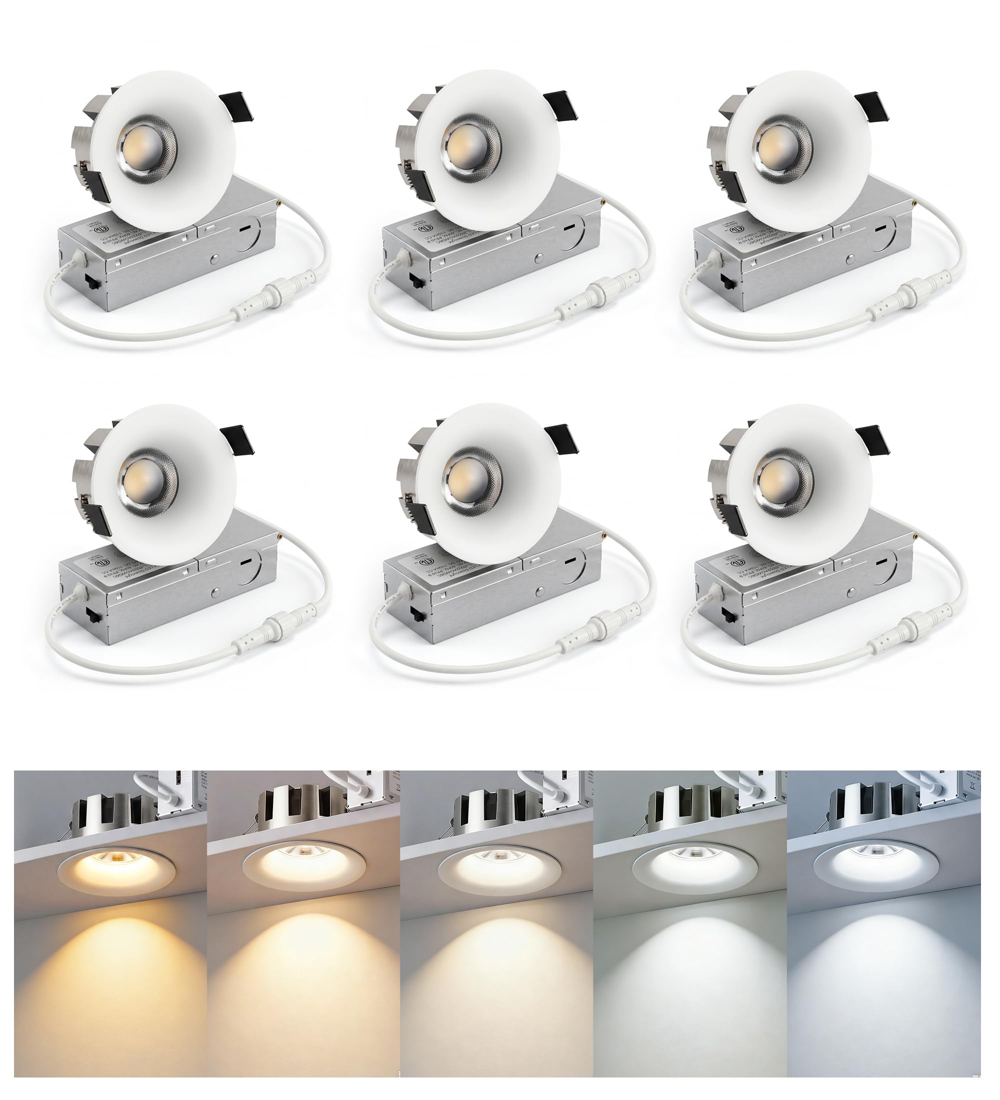 Cloudy Bay 6-pack of 3-inch trimless 5CCT recessed downlights, white background
