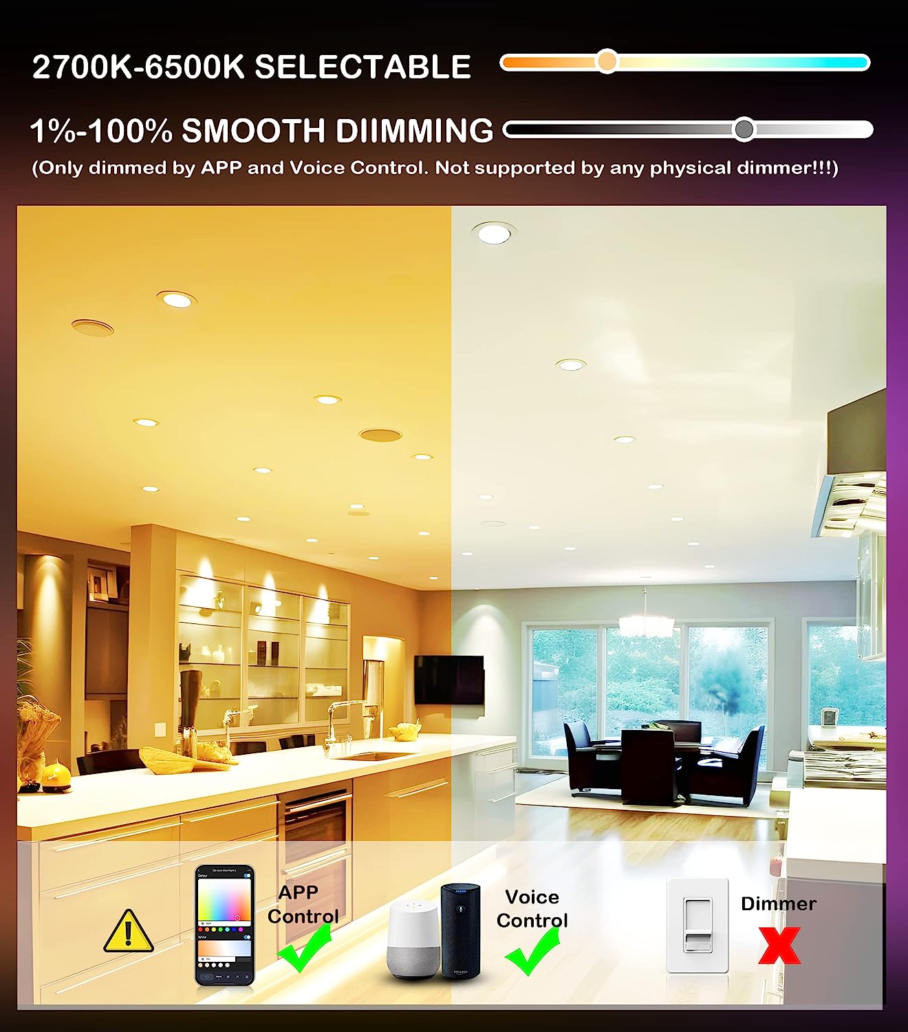 Smart LED Recessed Ceiling Light, Canless Baffle Trim Wafer Downlight