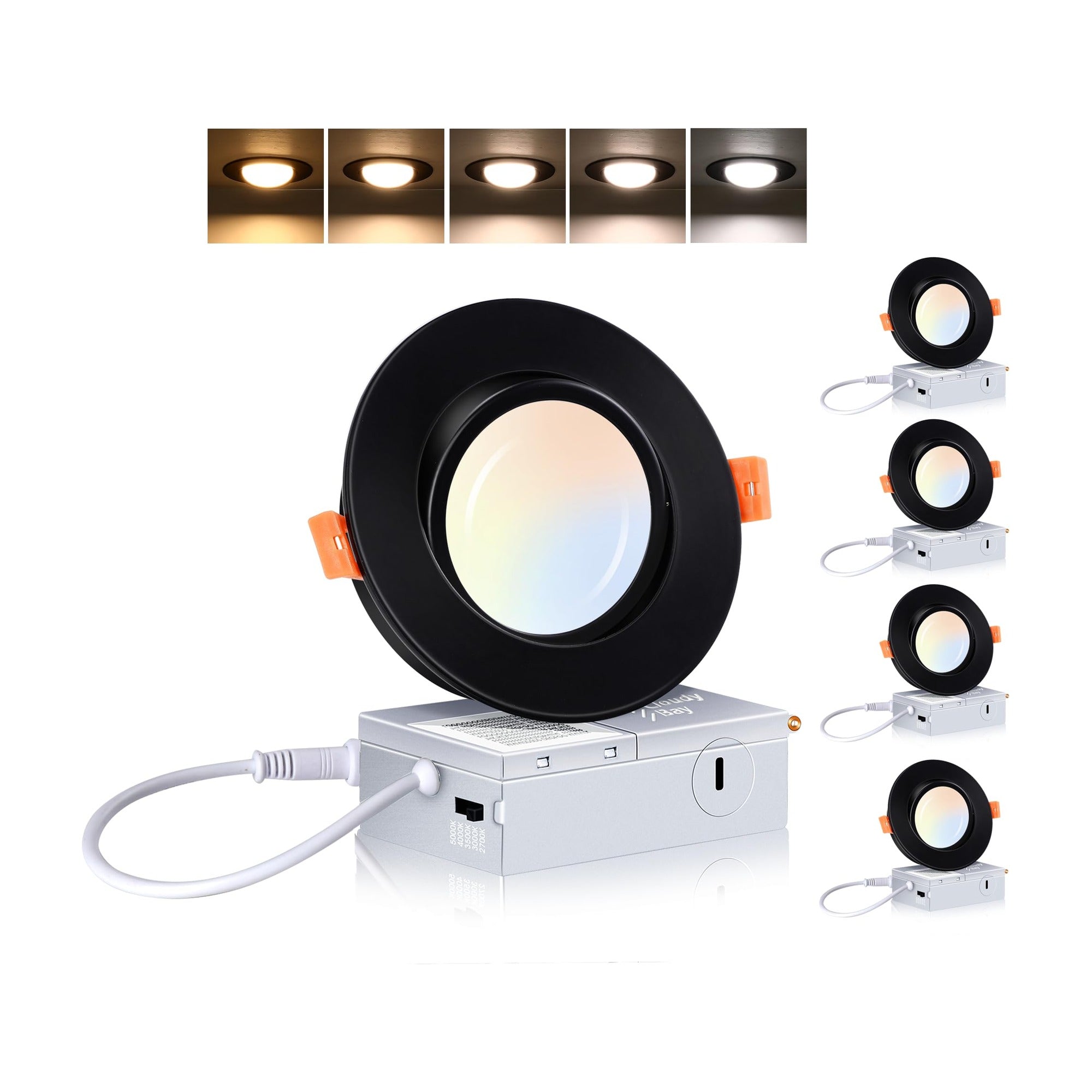 Cloudy Bay 4-pack of 4-inch black 5CCT gimbal recessed lights with junction boxes and color temperature examples