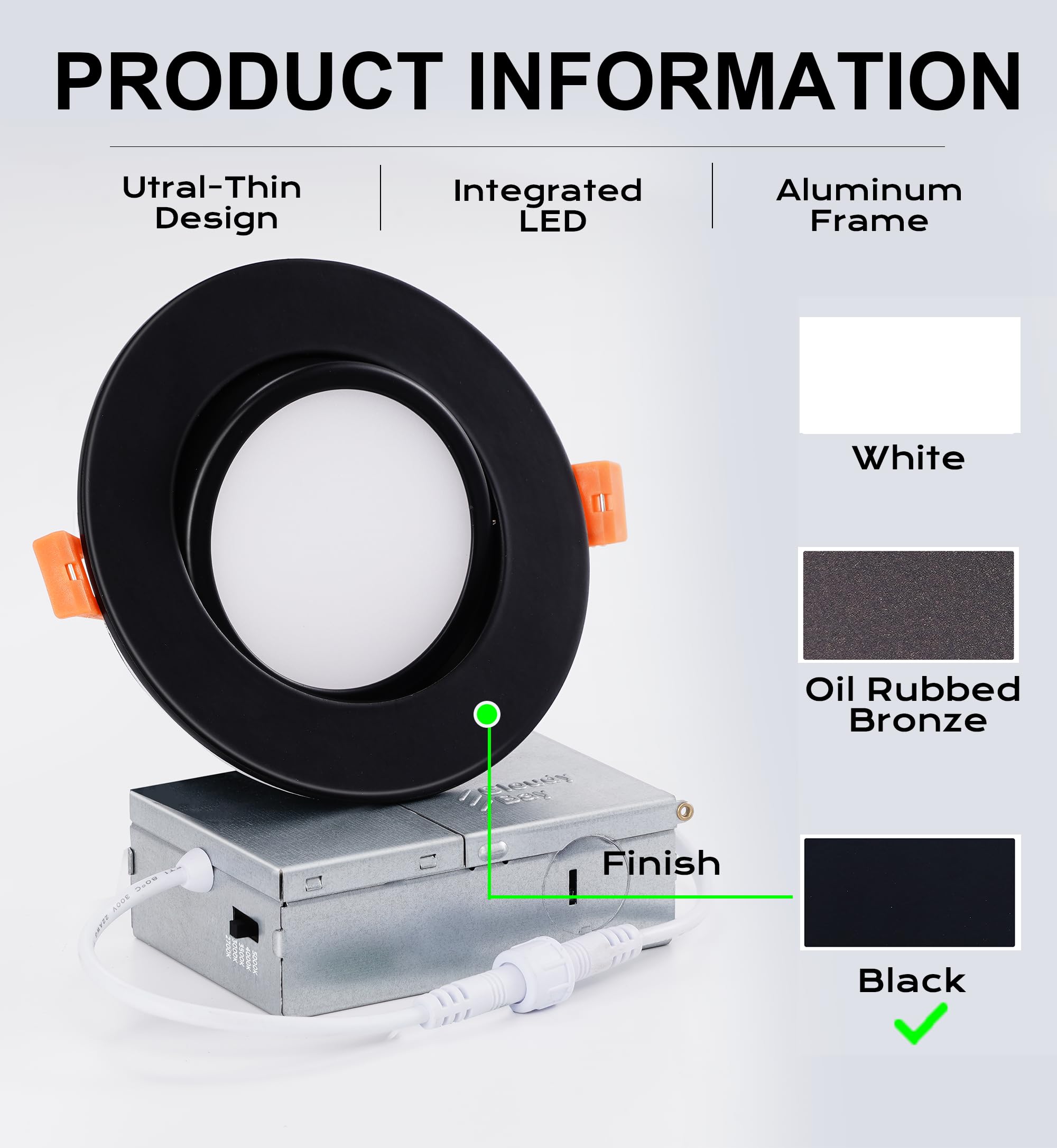 Black 4-inch swivel gimbal recessed light with junction box, ultra-thin design, aluminum frame and 5CCT switch